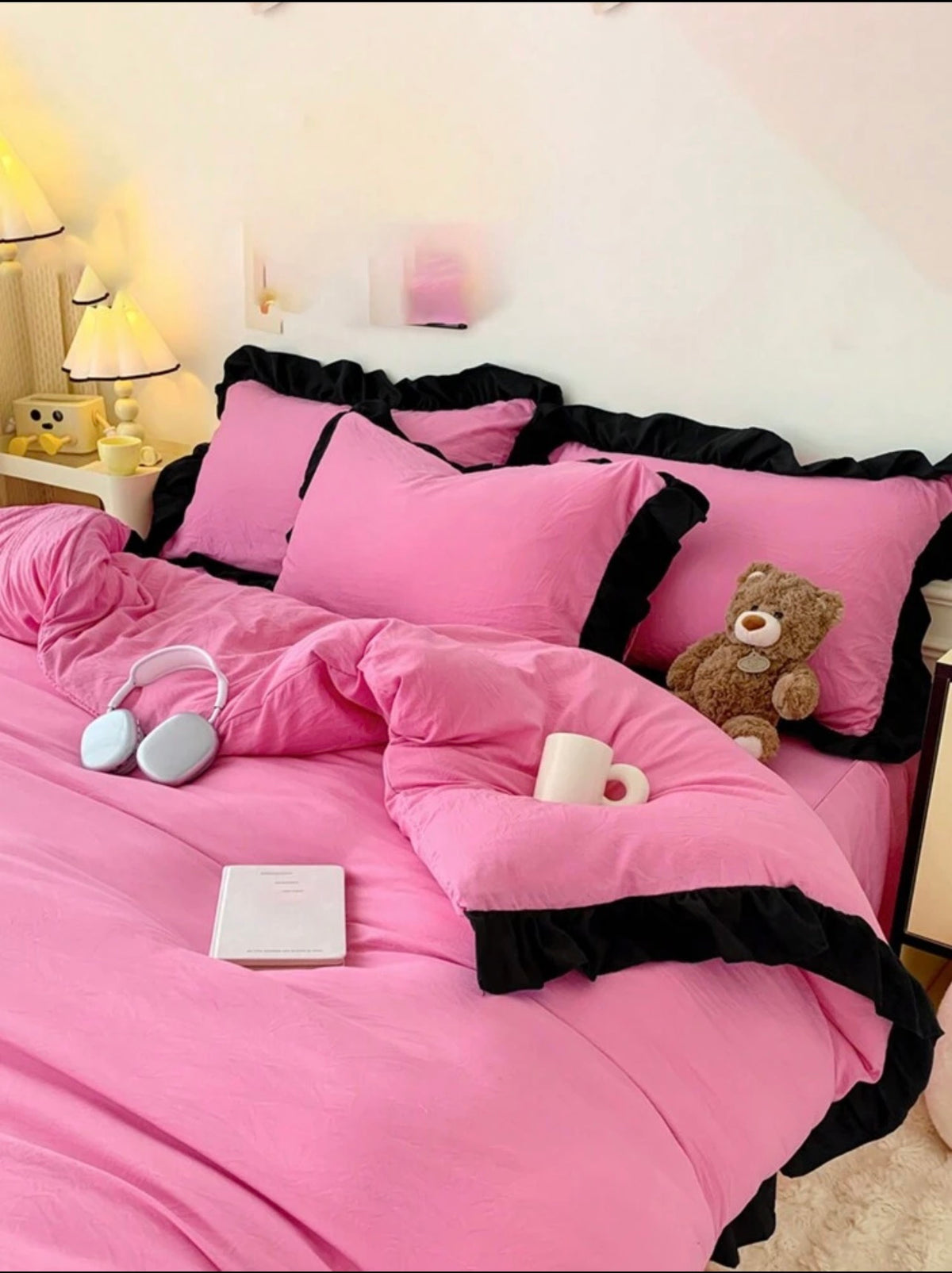 💕 Pink Noir Luxury Ruffle Duvet Cover Set