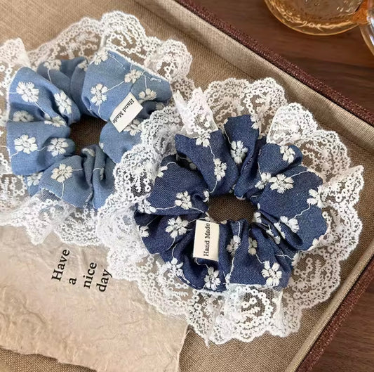 Denim style with lace flower printed large scrunchies