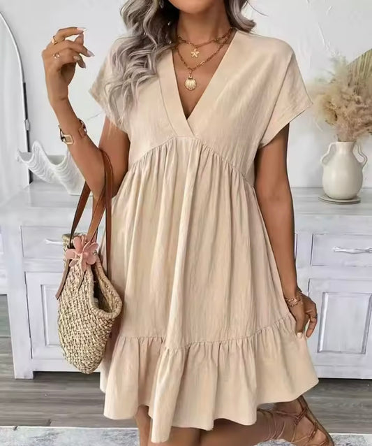 V neck ruffled large swing loose short dress