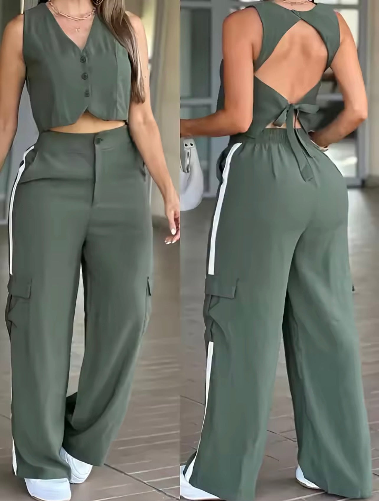 Chic green V neck waistcoat with belt & color block wide neck pants