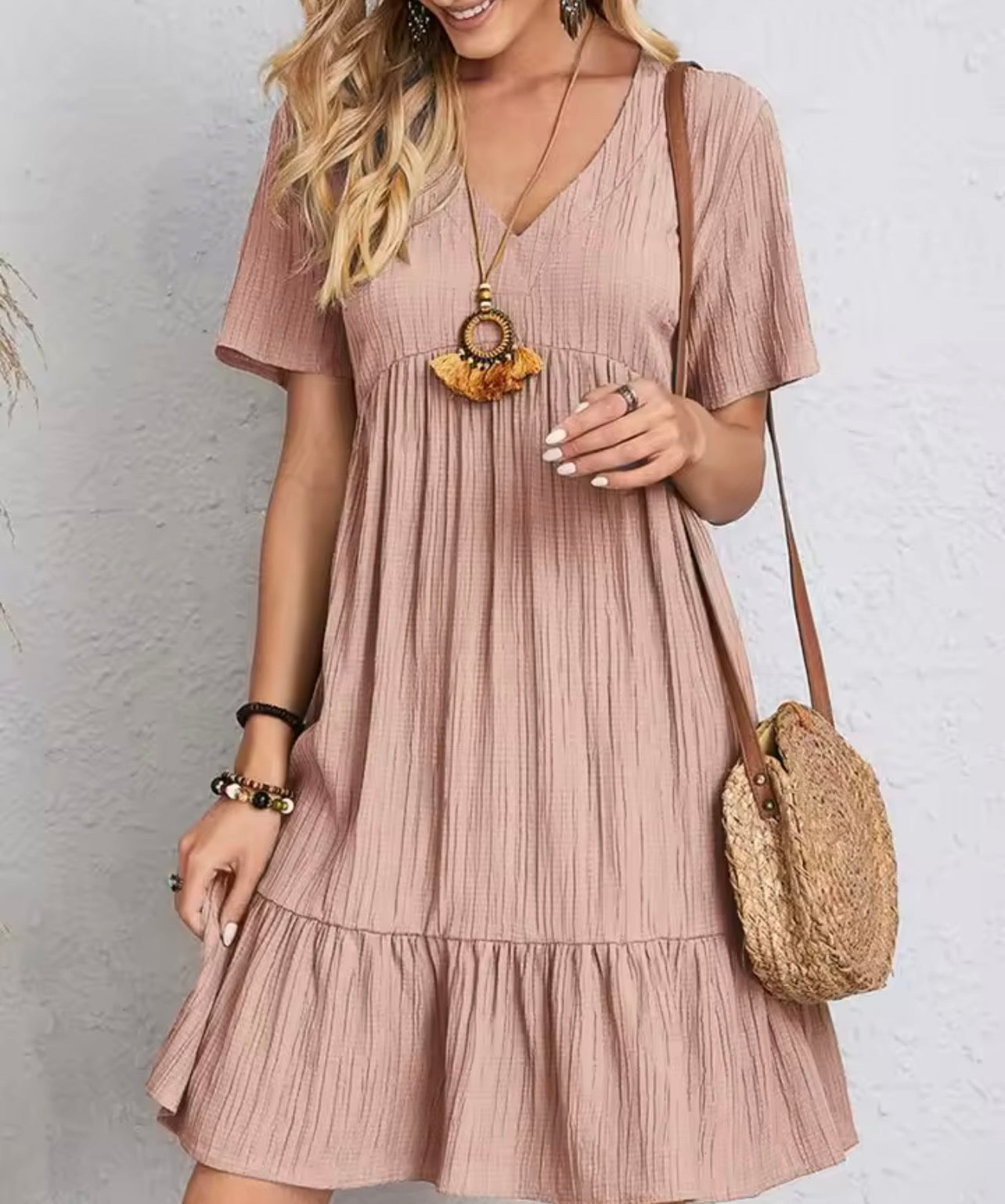 Elegant soild V neck A line dress