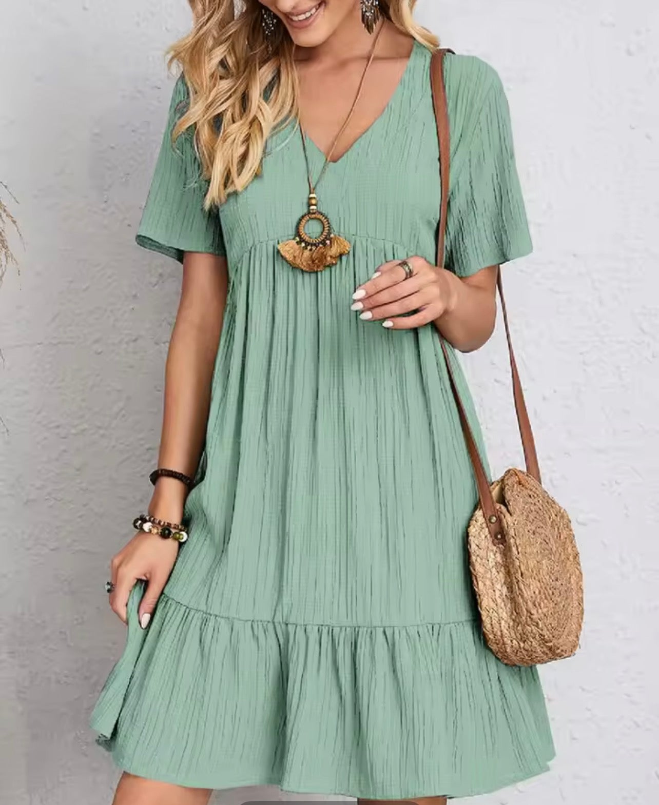 Elegant soild V neck A line dress