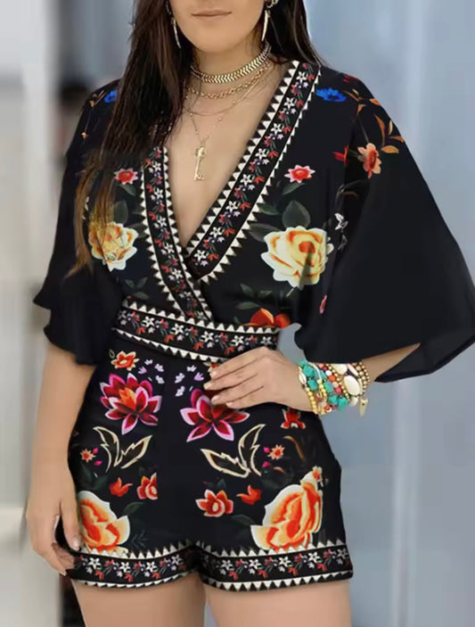 Sexy V neck short sleeves romper