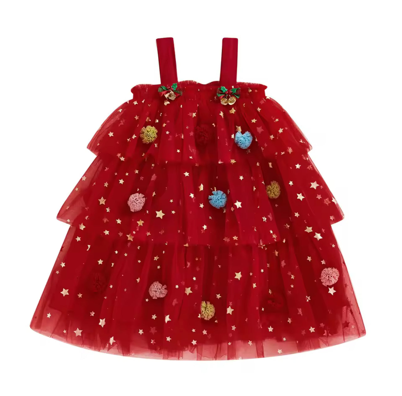 Christmas sleeveless tule dress with plush ball design