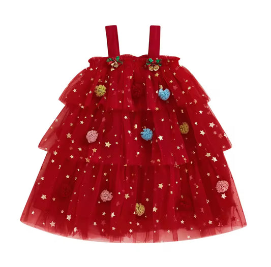 Christmas sleeveless tule dress with plush ball design