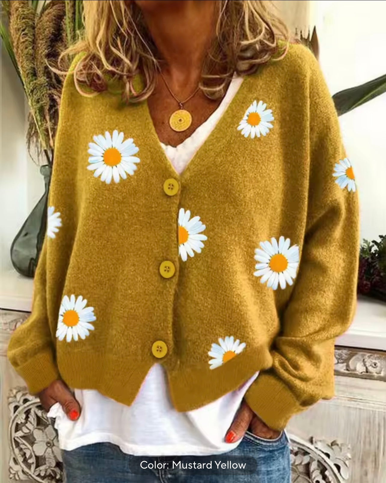 Mustard yellow daisy v neck cardigan