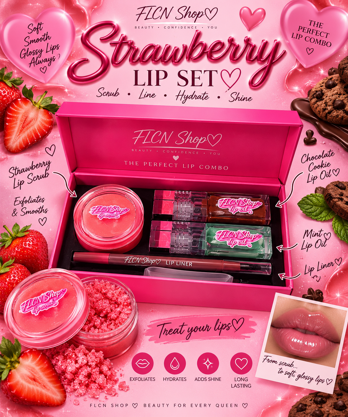 FLCN Lip Sets | Grape, Vanilla & Strawberry Lip Scrub, Liner & Lip Oils