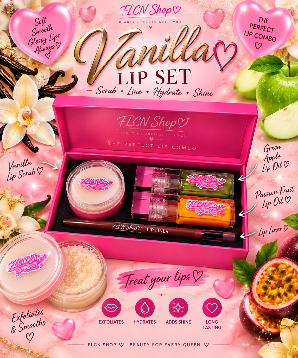 FLCN Lip Sets | Grape, Vanilla & Strawberry Lip Scrub, Liner & Lip Oils