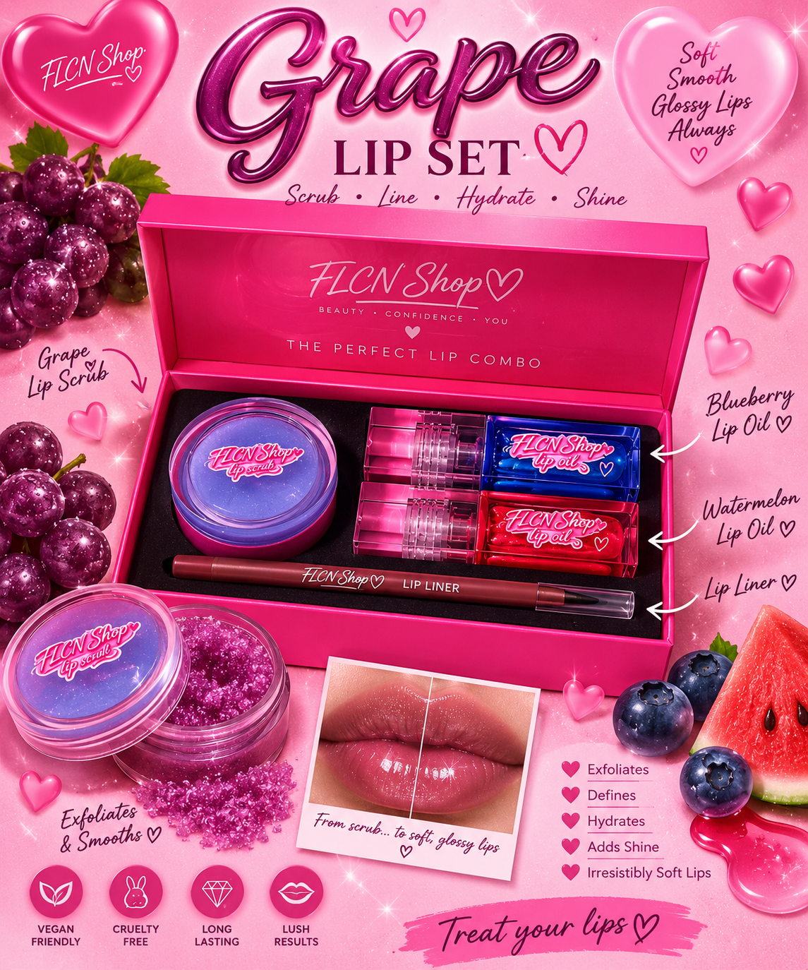FLCN Lip Sets | Grape, Vanilla & Strawberry Lip Scrub, Liner & Lip Oils