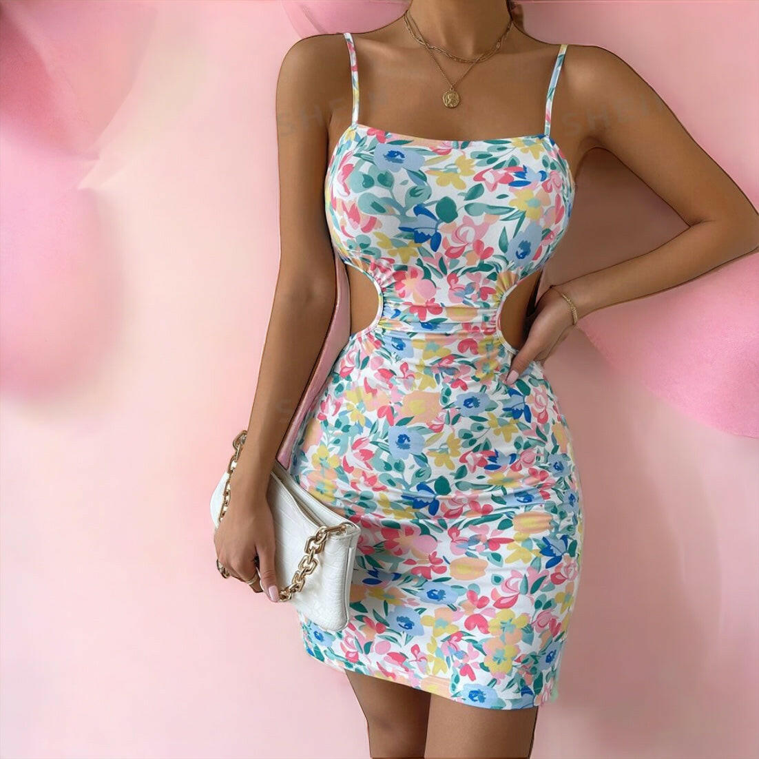 Spring Floral Print with cut out slit bodycon dress.