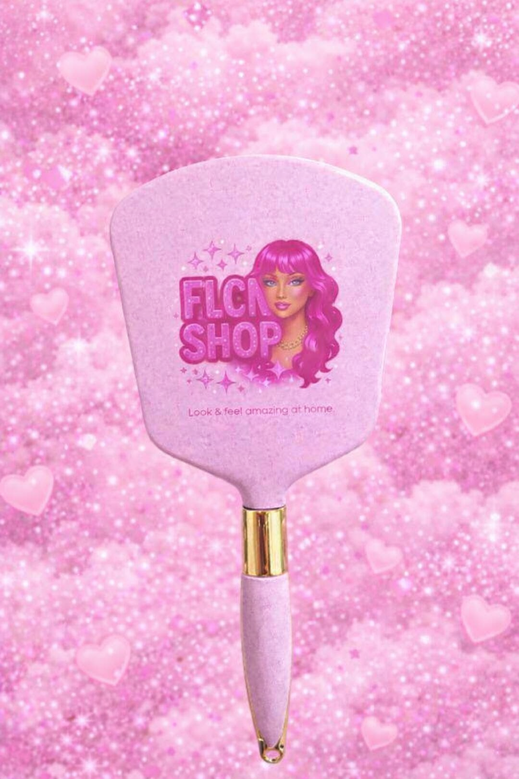 FLCN Shop Luxury Hand Mirror - Pink Handle with Gold Trim - Perfect for Makeup Application and Daily Use