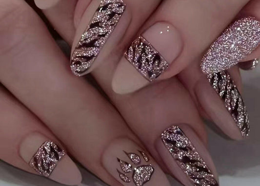 FLCN Champagne glitter leopard print press on nails.