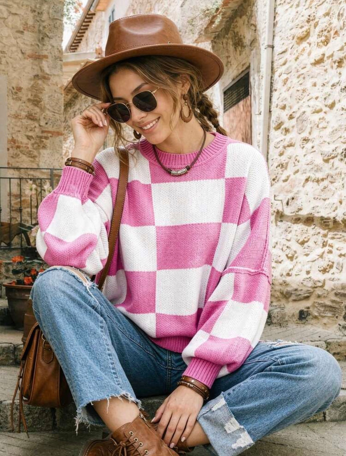 🩷✨ Cosy Chic Checkered Oversized Knit Jumper ✨