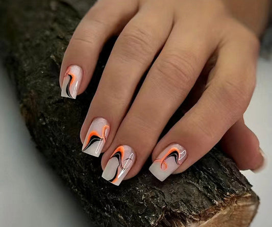 FLCN Pure White, Black & Orange Swirl Press On Nails.