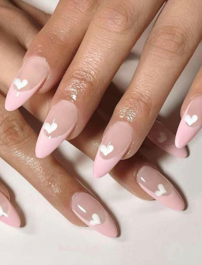 FLCN Almond shaped Pink French Tip & Heart Design Press Nails.