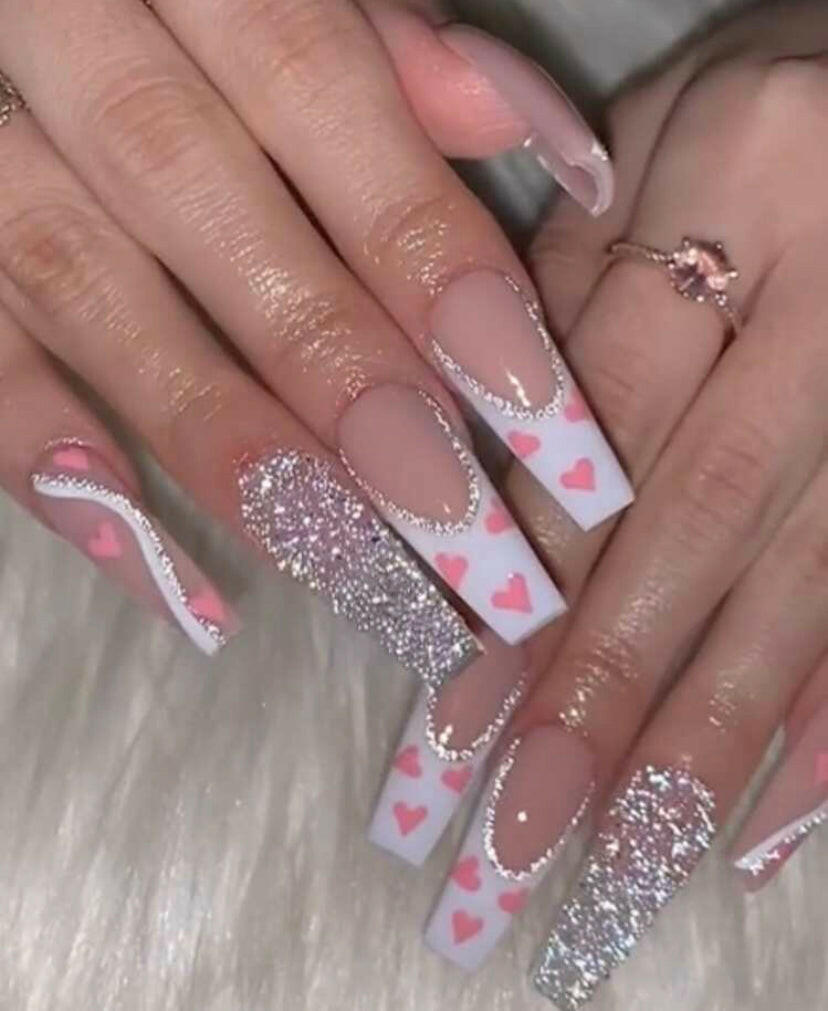 FLCN Long Coffin Pink Heart and Red Heart Sequin Press On nails.