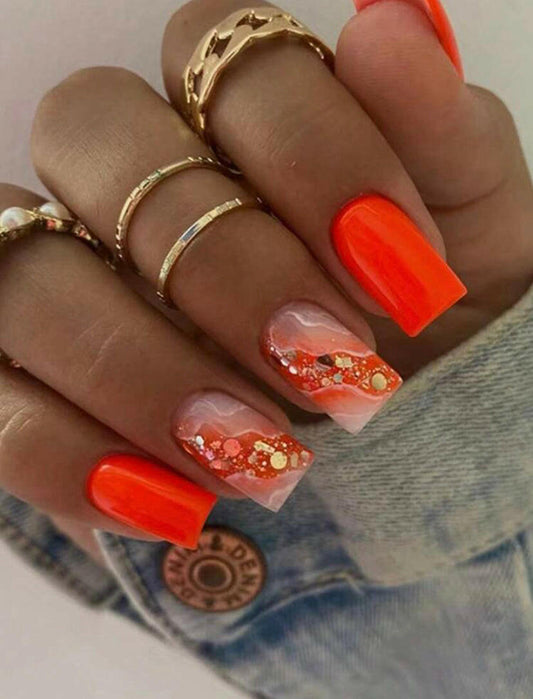 FLCN  Short Square Faux Energetic Orange Sweet Style Press On Nails.