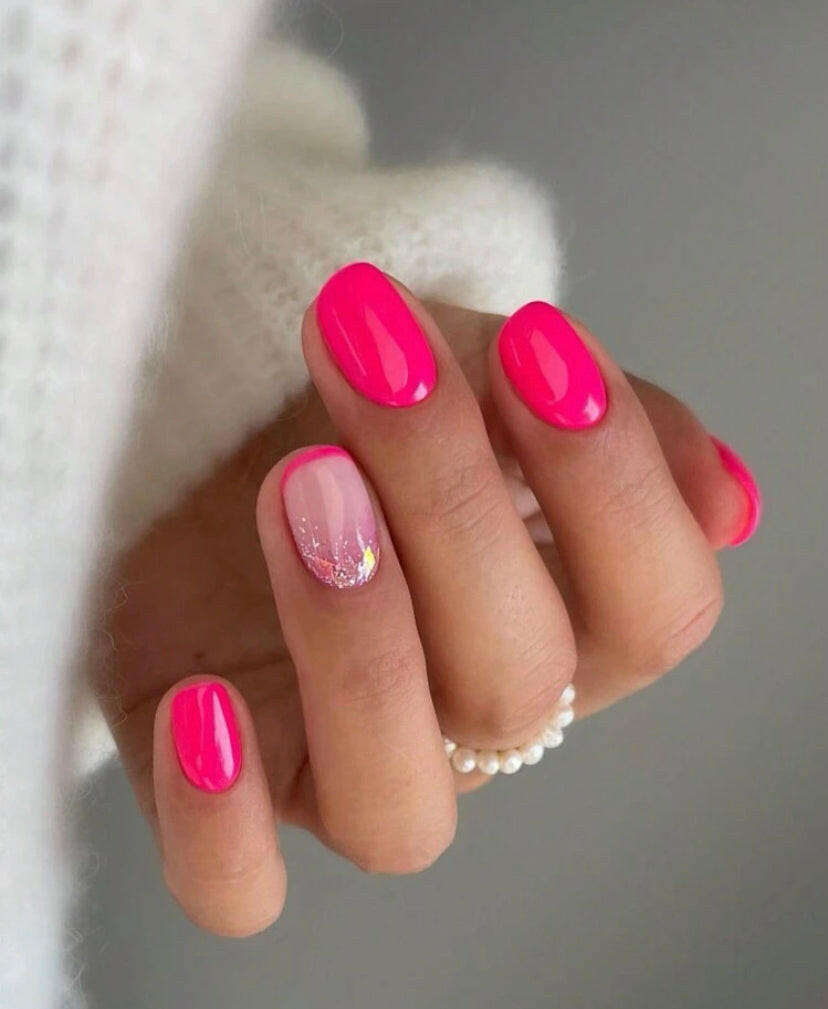 FLCN Short Square Shape Pink Pearl Style Press On Nails.