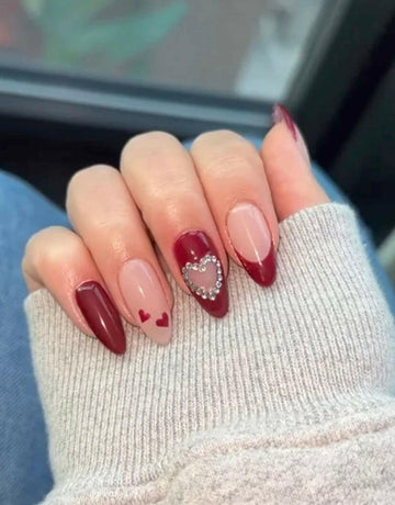 FLCN Simple Cherry Red Seamless with Rhinestone Press On Nails.