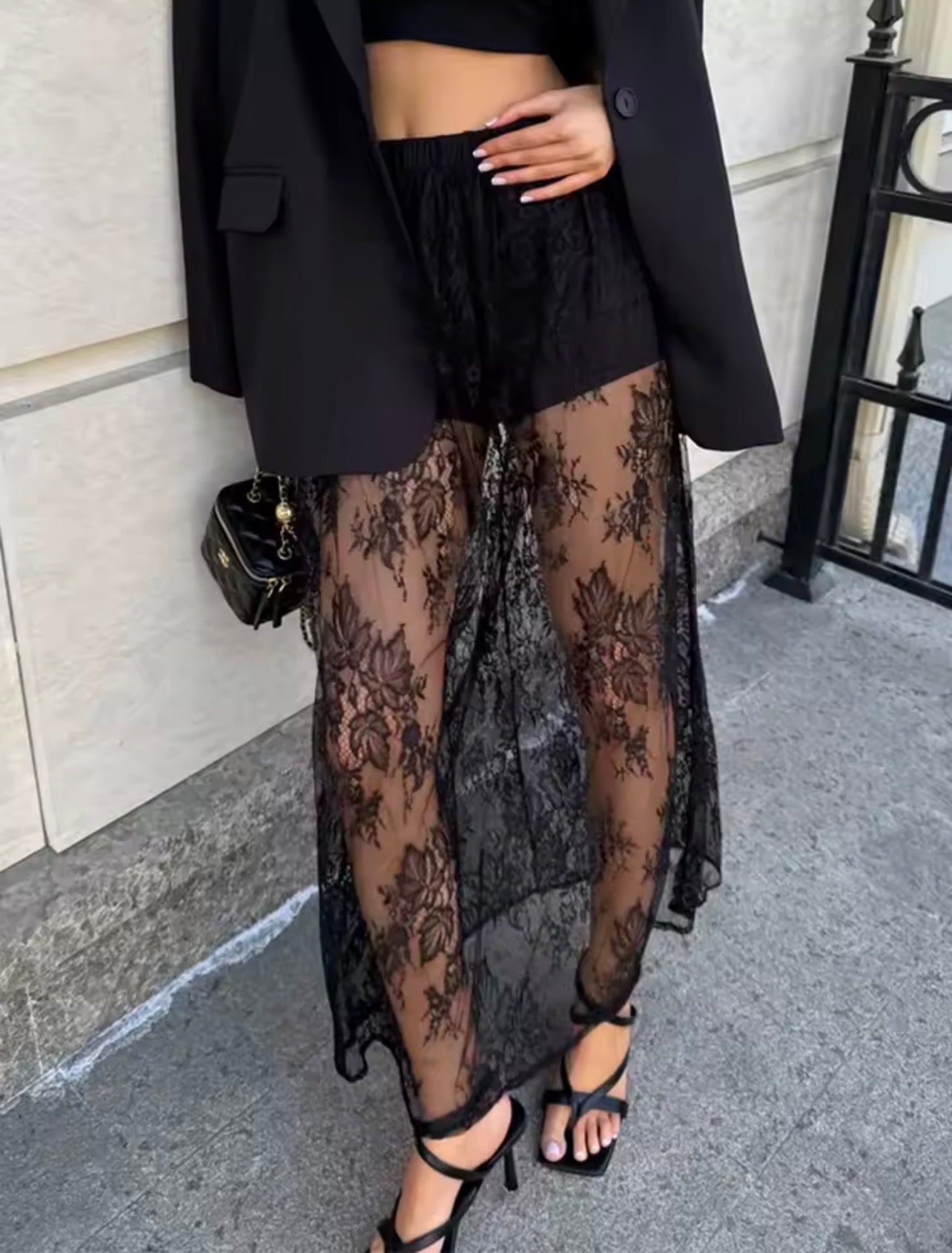 Mesh sheer lace maxi skirt